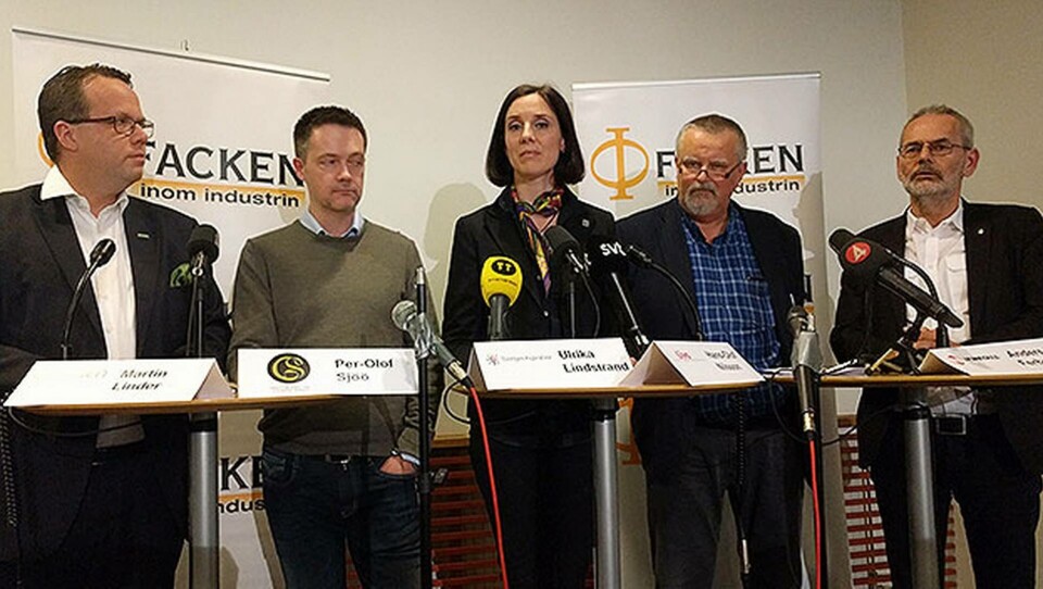 Industrifackens fem företrädare, Martin Linder, Unionen, Per-Olof Sjöö, GS, Ulrika Lindstrand, Sveriges Ingenjörer, Hans-Olof Nilsson, Livs, och Anders Ferbe, IF Metall. Foto: Calle von Scheele