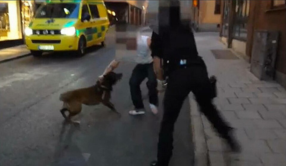 Polisens hantering av en berusad man i centrala Stockholm fångades på film och gjordes offentlig av Dagens Nyheter. Bilden är från denna filmsekvens, som även är bevisning i rättsprocessen. Foto: DN
