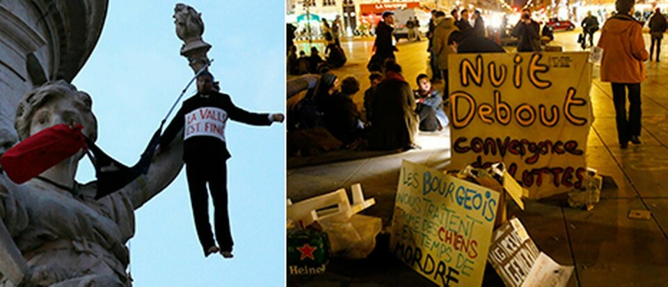 Under protesterna i Paris mot de nya arbetslagarna hängdes en docka föreställande premiärminister Manuel Valls upp i ett momument på Place de la Republique. Demonstranter har samlats varje natt sedan 31 mars under parollen Nuit debout, 'stående natt'. Foto: TT-Bild