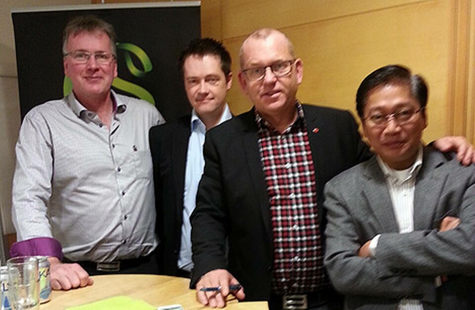 Det globala bygg- och träarbetarfacket, BWI, kräver justa villkor för alla arbetare som bygger OS- och VM-arenor. Från vänster Mikael Johansson, Målareförbundet, Per-Olof Sjöö, GS-facket, Johan Lindholm, Byggnads och Ambet Yuson, BWI:s generalsekreterare. Foto: Elisabet Örnerborg