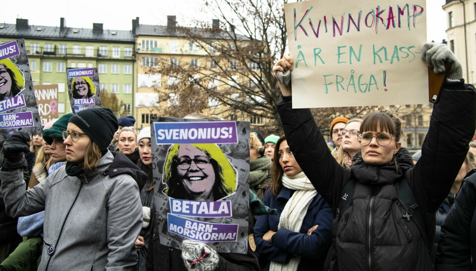 Genomsnittslönen för barnmorskor är 7 300 kronor lägre än
för likvärdiga civilingenjöre. Bilden från Stockholm 2021 när
barnmorskor protesterade mot arbetsvillkoren i yrket.