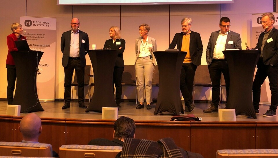Paneldiskussion inför avtalsrörelsen. Från vänster till höger: Irene Wennemo, Tomas Undin, Lena-Liisa Tengblad, Beata Hammarskiöld, Martin Wästfelt, Veli-Pekka Säikkälä och Tommy Andersson.